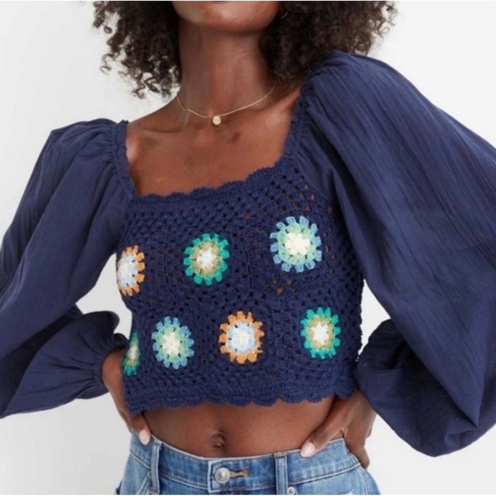 Aerie Navy Blue Crochet Granny Square Hippie Floral Puff Sleeve Crop Top Small